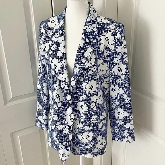 Vintage 80s Russ Union Made Lightweight Floral Blazer - Blue & White, Size 12 - Picture 2 of 15